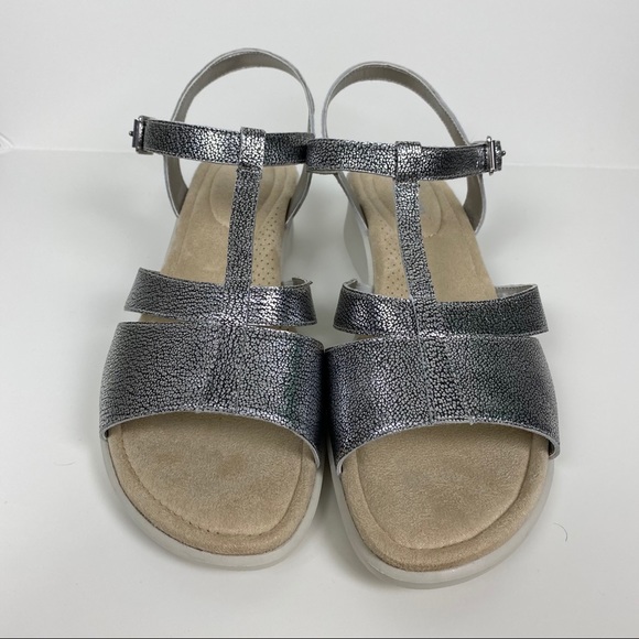 Lands End Metallic Leather Comfort Wedge Sandals - Picture 6 of 11